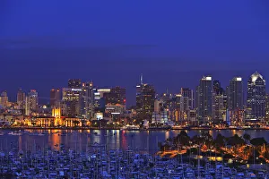 Aerial View Of San Diego Skyline With Harbor Island Boats In The Foreground; San Diego Aerial View Of San Diego Skyline With Harbor Island Boats In The Foreground; San Diego