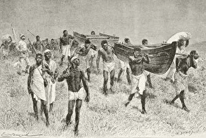 Lake Victoria Collection: African Porters Carrying Henry Morton Stanleys Dismantled Boat Lady Alice On His Expedition To