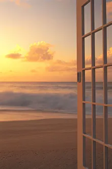 Afternoon Beach Scene Open Door Along Shoreline, Golden Clouds Shore Break Waves Hues Afternoon Beach Scene Open Door Along Shoreline, Golden Clouds Shore Break Waves Hues