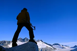 Alaska, Juneau, Ice Field, Mendenhall Glacier, Hiker / Climber Takes In View Alaska, Juneau, Ice Field, Mendenhall Glacier, Hiker / Climber Takes In View