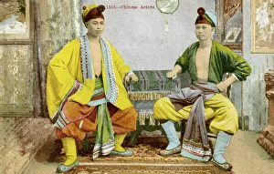Archival colour postcard of two actors in colourful Asian costumes, China, circa 1910 Archival colour postcard of two actors in colourful Asian costumes, China, circa 1910