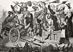 Battle Of Peasants And Beggars Over A Barrel Of Wine. After A Miniature In Roi Modus A 15Th Century Manuscript From Battle Of Peasants And Beggars Over A Barrel Of Wine. After A Miniature In Roi Modus A 15Th Century Manuscript From