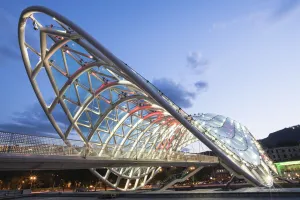 The Bridge of Peace pedestrian bridge spans the Mtkvari River in Tbilisi, Georgia The Bridge of Peace pedestrian bridge spans the Mtkvari River in Tbilisi, Georgia
