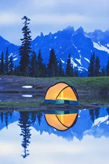 Images Dated 18th July 2006: Camping tent at sunset small reflecting pond near tipsoo lake mount rainer national park near
