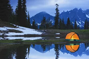 Images Dated 18th July 2006: Camping tent at sunset by a small reflecting pond near tipsoo lake mount rainer national park near