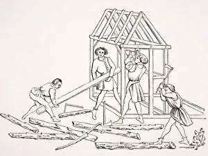Carpenters. 19Th Century Reproduction Of Miniature In 15Th Century Manuscript Chroniques Carpenters. 19Th Century Reproduction Of Miniature In 15Th Century Manuscript Chroniques