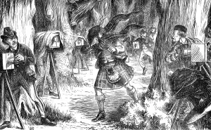 Cartoon warning aspiring young noblemen to watch out for photographers stalking them, 19th century Cartoon warning aspiring young noblemen to watch out for photographers stalking them, 19th century