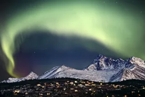 Composite Aurora Borealis Over Hillside Neighborhood & Chugach Mountains Anchorage Alaska Composite Aurora Borealis Over Hillside Neighborhood & Chugach Mountains Anchorage Alaska