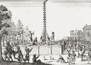 The corpses of Johan and Cornelis de Witt hanging on the gallows at Gevangenpoort in The Hague, Netherlands The corpses of Johan and Cornelis de Witt hanging on the gallows at Gevangenpoort in The Hague, Netherlands
