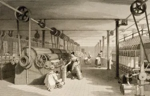 Cotton Factory Floor In 1830S Showing Workers Carding, Drawing And Roving. Drawn By T. Allom. Engraved By J. Tingle Cotton Factory Floor In 1830S Showing Workers Carding, Drawing And Roving. Drawn By T. Allom. Engraved By J. Tingle