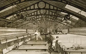 Cotton Factory Floor In 1830S Showing Workers Mule Spinning. Drawn By T. Allom. Engraved By J. Tingle Cotton Factory Floor In 1830S Showing Workers Mule Spinning. Drawn By T. Allom. Engraved By J. Tingle