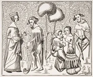 Court Of Love In 14Th Century Provence, France. Copy From Ancient Manuscript Court Of Love In 14Th Century Provence, France. Copy From Ancient Manuscript