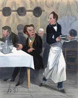 Customer in restaurant complaining to waiter about poor service, after a work by Honore Daumier; Artwork Customer in restaurant complaining to waiter about poor service, after a work by Honore Daumier; Artwork