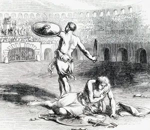 Engraving depicting gladiators fighting within the Colosseum in Rome, 18th century Engraving depicting gladiators fighting within the Colosseum in Rome, 18th century