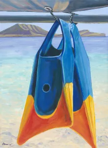 Fins, Colorful Swim Fins Hanging From Sailboat Tie (Acrylic Painting) Fins, Colorful Swim Fins Hanging From Sailboat Tie (Acrylic Painting)