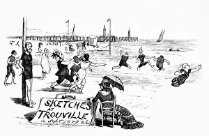 French people enjoying summer on the Trouville-sur-Mer beach, France, dated 1877 French people enjoying summer on the Trouville-sur-Mer beach, France, dated 1877
