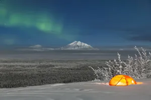 Green Aurora Borealis Shines Above Moonlight Casting Light On Mount Drum And The Green Aurora Borealis Shines Above Moonlight Casting Light On Mount Drum And The