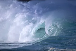 Hawaii, Side Distant View Of Dramatic Big Waves Curling And Crashing, Whitewash A30B Hawaii, Side Distant View Of Dramatic Big Waves Curling And Crashing, Whitewash A30B
