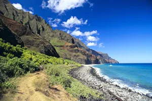 Hawaii, Kauai, Na Pali Coast, Scenic Coastline, Beach, Boat In Ocean, Blue Skies C1541 Hawaii, Kauai, Na Pali Coast, Scenic Coastline, Beach, Boat In Ocean, Blue Skies C1541