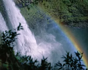 Images Dated 20th February 1998: Hawaii, Kauai, View Looking Down Wailua Falls With Rainbow Arching Across Into Water