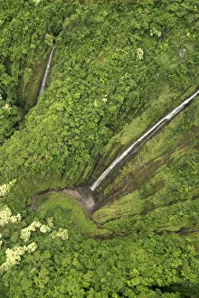 Hawaii, Maui, Hana Coast, Waihiumalu Waterfall, Two Falls, Green And Lush, View From Above Hawaii, Maui, Hana Coast, Waihiumalu Waterfall, Two Falls, Green And Lush, View From Above