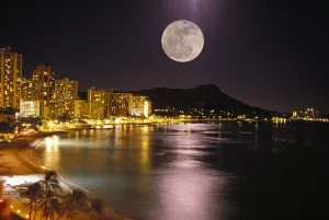 Hawaii, Oahu, Diamond Head, Waikiki Beach, Full Moon Reflecting, City Lights Hawaii, Oahu, Diamond Head, Waikiki Beach, Full Moon Reflecting, City Lights