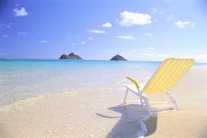 Hawaii, Oahu, Lanikai Beach, Empty Yellow Beach Chair, Clear Shore Water, Blue Sky Hawaii, Oahu, Lanikai Beach, Empty Yellow Beach Chair, Clear Shore Water, Blue Sky