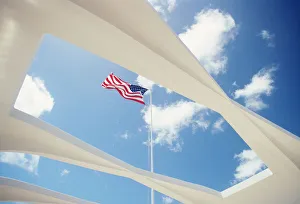 Hawaii, Oahu, Pearl Harbor, Arizona Memorial, Flag Through Top Of Memorial Hawaii, Oahu, Pearl Harbor, Arizona Memorial, Flag Through Top Of Memorial