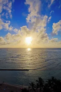 Hawaii, Oahu, Sunset over Waikiki Beach and ocean Hawaii, Oahu, Sunset over Waikiki Beach and ocean