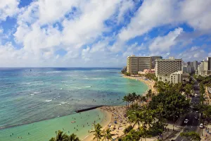 Hawaii, Oahu, Waikiki, View of the Pacific Ocean, Waikiki Beach, and famous hotels Hawaii, Oahu, Waikiki, View of the Pacific Ocean, Waikiki Beach, and famous hotels