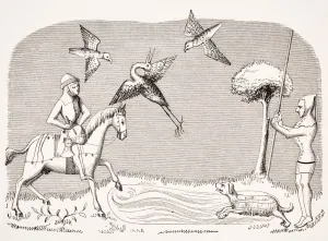Heron Hawking. 19Th Century Reproduction Of Miniature In 14Th Century Manuscript Heron Hawking. 19Th Century Reproduction Of Miniature In 14Th Century Manuscript