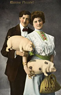 Historic Illustration Of Couple Holding Pigs And Bag Of Money With Text bonne Annee Historic Illustration Of Couple Holding Pigs And Bag Of Money With Text bonne Annee