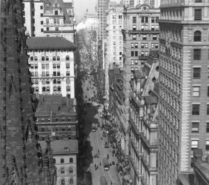 Historic image in black and white of busy Broadway street in New York City, circa 1905 Historic image in black and white of busy Broadway street in New York City, circa 1905