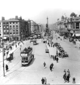 Historic image in black and white of a busy street in Dublin, Ireland circa 1900; Dublin, Ireland Historic image in black and white of a busy street in Dublin, Ireland circa 1900; Dublin, Ireland
