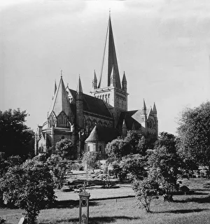 Historic image in black and white of a cathedral in Trondheim, Norway circa 1920; Trondheim, Trondelag, Norway Historic image in black and white of a cathedral in Trondheim, Norway circa 1920; Trondheim, Trondelag, Norway