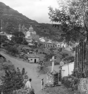 Historic image in black and white of a church in the town of Taxco, Mexico, circa 1920; Taxco, Guerrero, Mexico Historic image in black and white of a church in the town of Taxco, Mexico, circa 1920; Taxco, Guerrero, Mexico