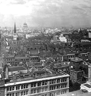 Historic image in black and white of a cityscape of London, England with St Historic image in black and white of a cityscape of London, England with St