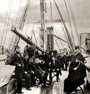 Historic image in sepia of the crew aboard the Idaho, a wooden steamship built for Pacific Coast passenger Historic image in sepia of the crew aboard the Idaho, a wooden steamship built for Pacific Coast passenger