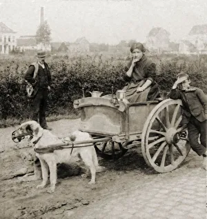 Historic image in sepia of a woman riding in a cart with milk jugs, and a boy and man standing by; Antwerp Historic image in sepia of a woman riding in a cart with milk jugs, and a boy and man standing by; Antwerp