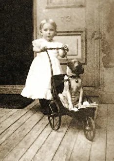 Historic image in sepia of a young girl and her dog in a pram Historic image in sepia of a young girl and her dog in a pram