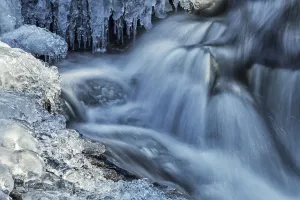 Icicles And Blue Shadowed Cascades On A Small Waterfall; Enfield, Nova Scotia, Canada Icicles And Blue Shadowed Cascades On A Small Waterfall; Enfield, Nova Scotia, Canada