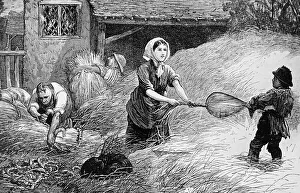 Illustration depicting a family of peasants trussing hay for the London market Illustration depicting a family of peasants trussing hay for the London market