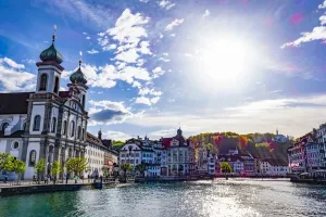 Jesuit church, promenade and buildings along Lake Lucerne, Lucerne, Switzerland Jesuit church, promenade and buildings along Lake Lucerne, Lucerne, Switzerland
