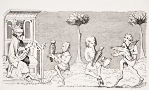 King Modus Teaching The Art Of Falconry. 19Th Century Reproduction Of Miniature In King Modus Teaching The Art Of Falconry. 19Th Century Reproduction Of Miniature In