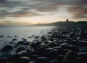 Looking Along Boulder Covered Beach Towards Dunstanburgh Castle At Dawn Looking Along Boulder Covered Beach Towards Dunstanburgh Castle At Dawn