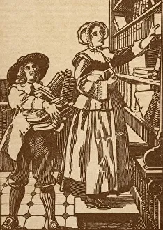 Male And Female Booksellers Working In 17Th Century Bookshop Male And Female Booksellers Working In 17Th Century Bookshop