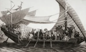Marc Antony and Cleopatra aboard her royal barge. After a painting by French artist Henri-Pierre Picou in the book Marc Antony and Cleopatra aboard her royal barge. After a painting by French artist Henri-Pierre Picou in the book