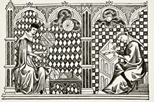 Mathematician Monks, One Teaching The Globe, The Other Copying A Manuscript After A Miniature In The 13Th Century Mathematician Monks, One Teaching The Globe, The Other Copying A Manuscript After A Miniature In The 13Th Century