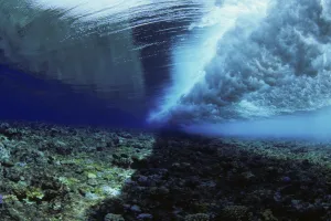 Micronesia, Ocean swell seen from underwater over reef; Yap Micronesia, Ocean swell seen from underwater over reef; Yap