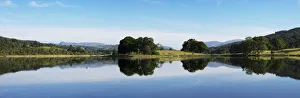 Mirror Image Of Trees Along A Shoreline Reflected In A Tranquil Lake; Lake District, Cumbria, England Mirror Image Of Trees Along A Shoreline Reflected In A Tranquil Lake; Lake District, Cumbria, England